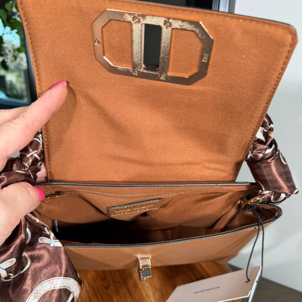 Nicole Miller New York Tan Top Handle Satchel Gold Hardware Scarf Handle NWT - Picture 5 of 7
